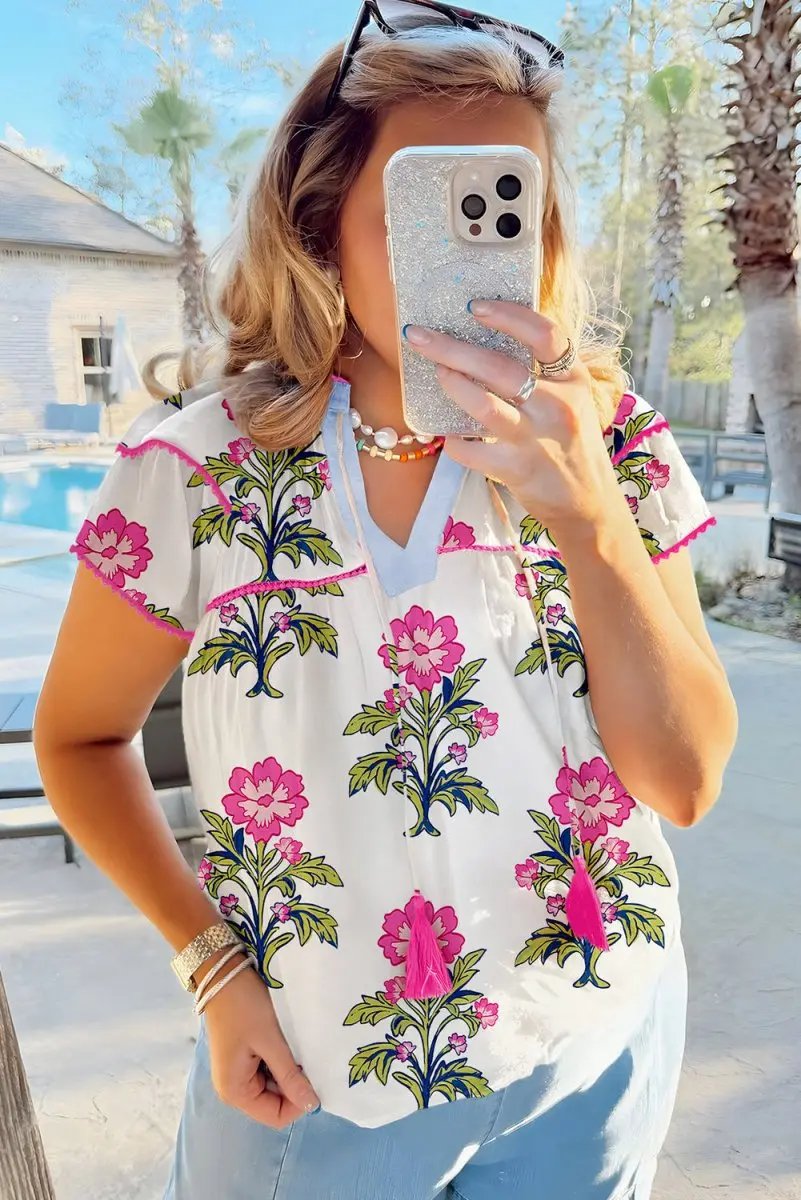 Rose Vintage Floral Print Contrast Notched V Neck Plus Size Summer Blouse - Love Salve